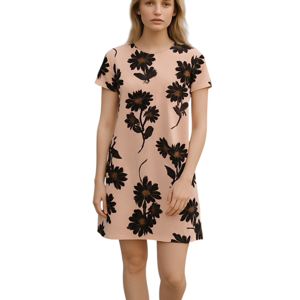 Animale Floral Peachy Pink Black Short Sleeve Round Neck Shift Dress 44